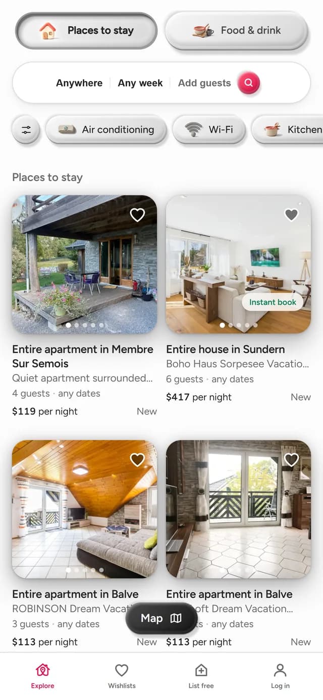 Suchergebnisse in der BookNoFees-App: Unterkünfte mit Fotos und Preisen