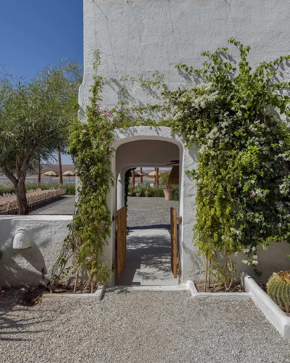Immagine di esempio BookNoFees: arco in pietra e scalinata in un giardino mediterraneo