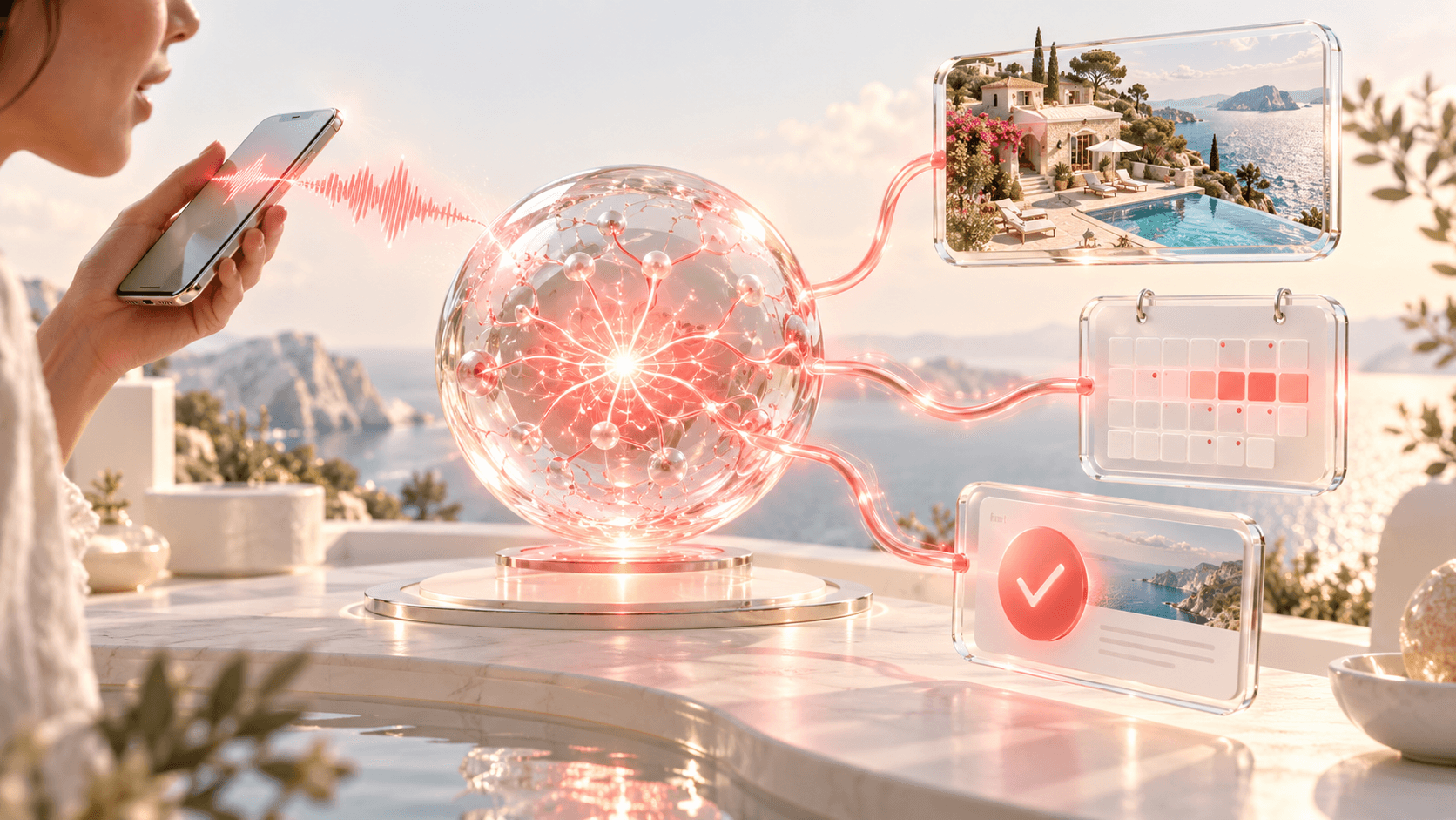 BookNoFees: Un comando vocale collega un assistente IA personale a una casa vacanze, a un calendario e a una conferma di prenotazione.