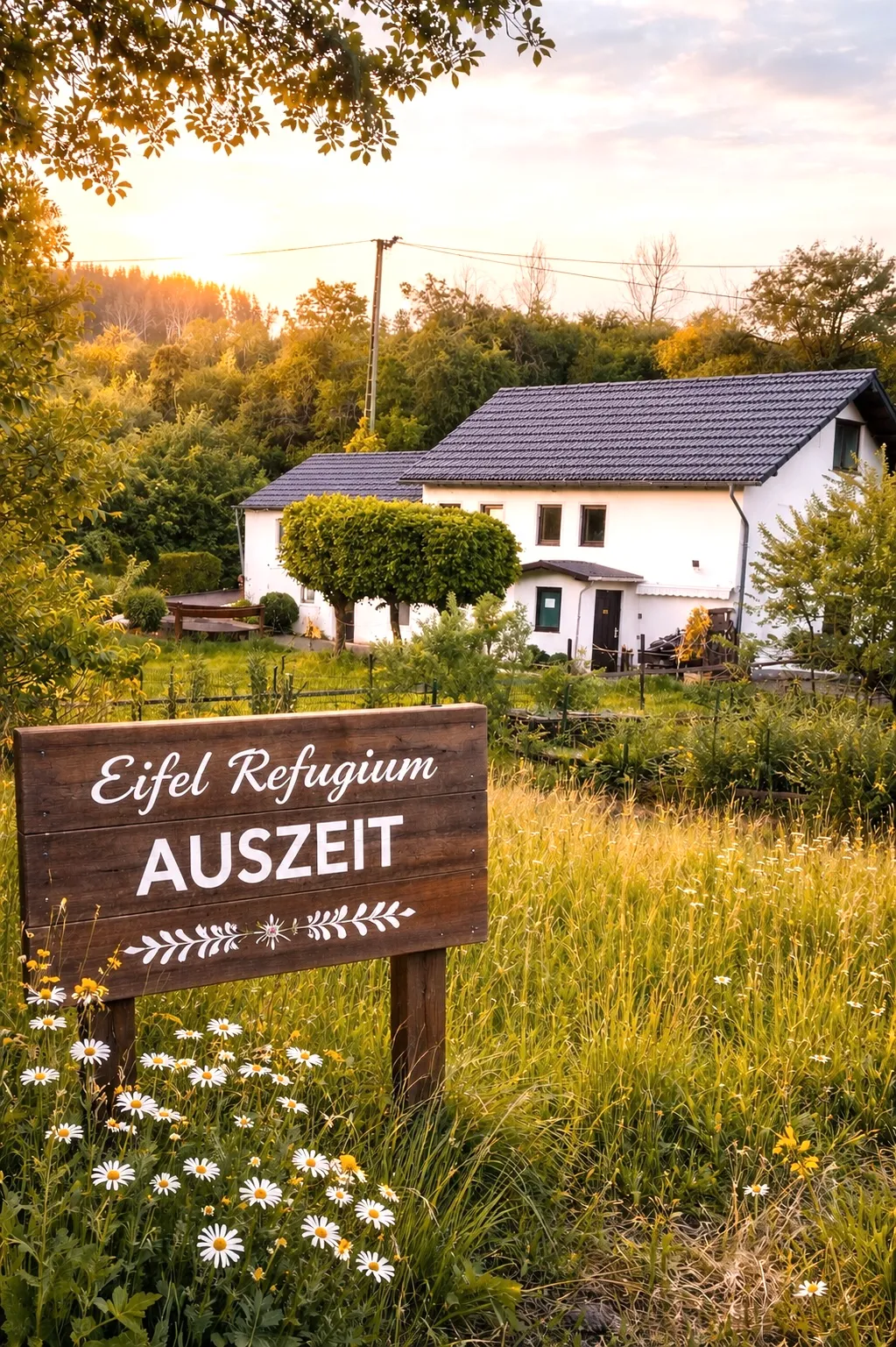 BookNoFees : location de vacances à Halenbach, Rhénanie-Palatinat, Allemagne – Jardin avec un panneau en bois et une maison blanche au toit foncé