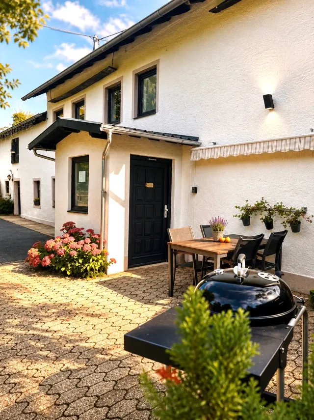 BookNoFees : location de vacances à Halenbach, Rhénanie-Palatinat, Allemagne – Terrasse extérieure avec table à manger, barbecue et plantes en pot contre le mur blanc de la maison